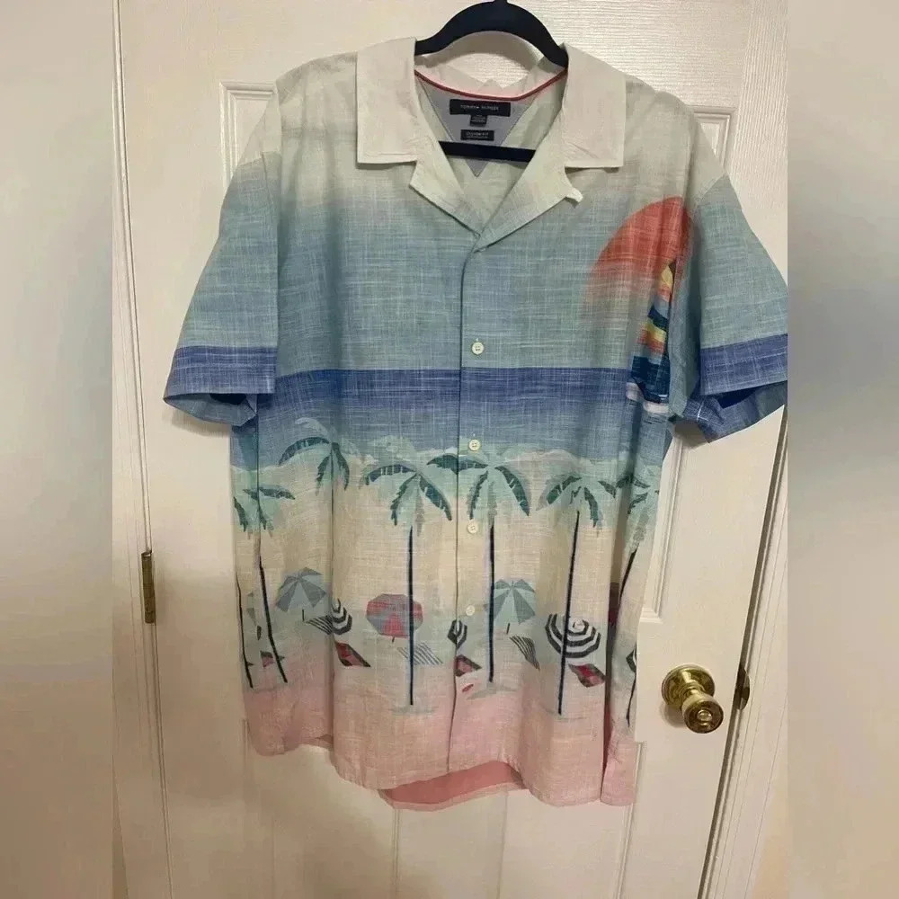 Tommy Hilfiger Beach-Print Shirt. Button Front Cotton All Over Print Men XXL